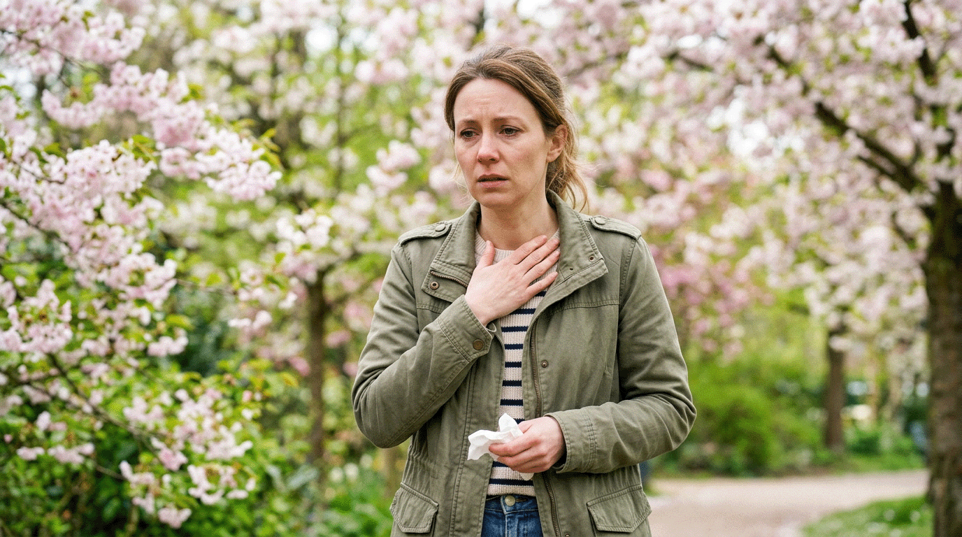 adult outdoors in spring Allergy symptoms